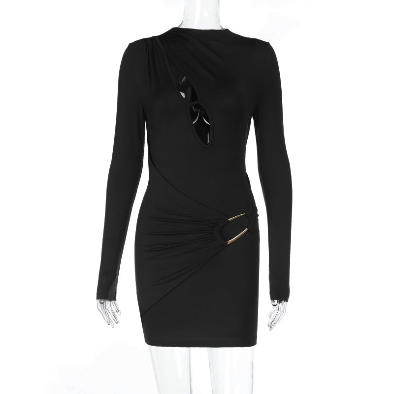 Women Sexy V-Neck Hollow Metal Button Long-Sleeved Bodycon Dress 7