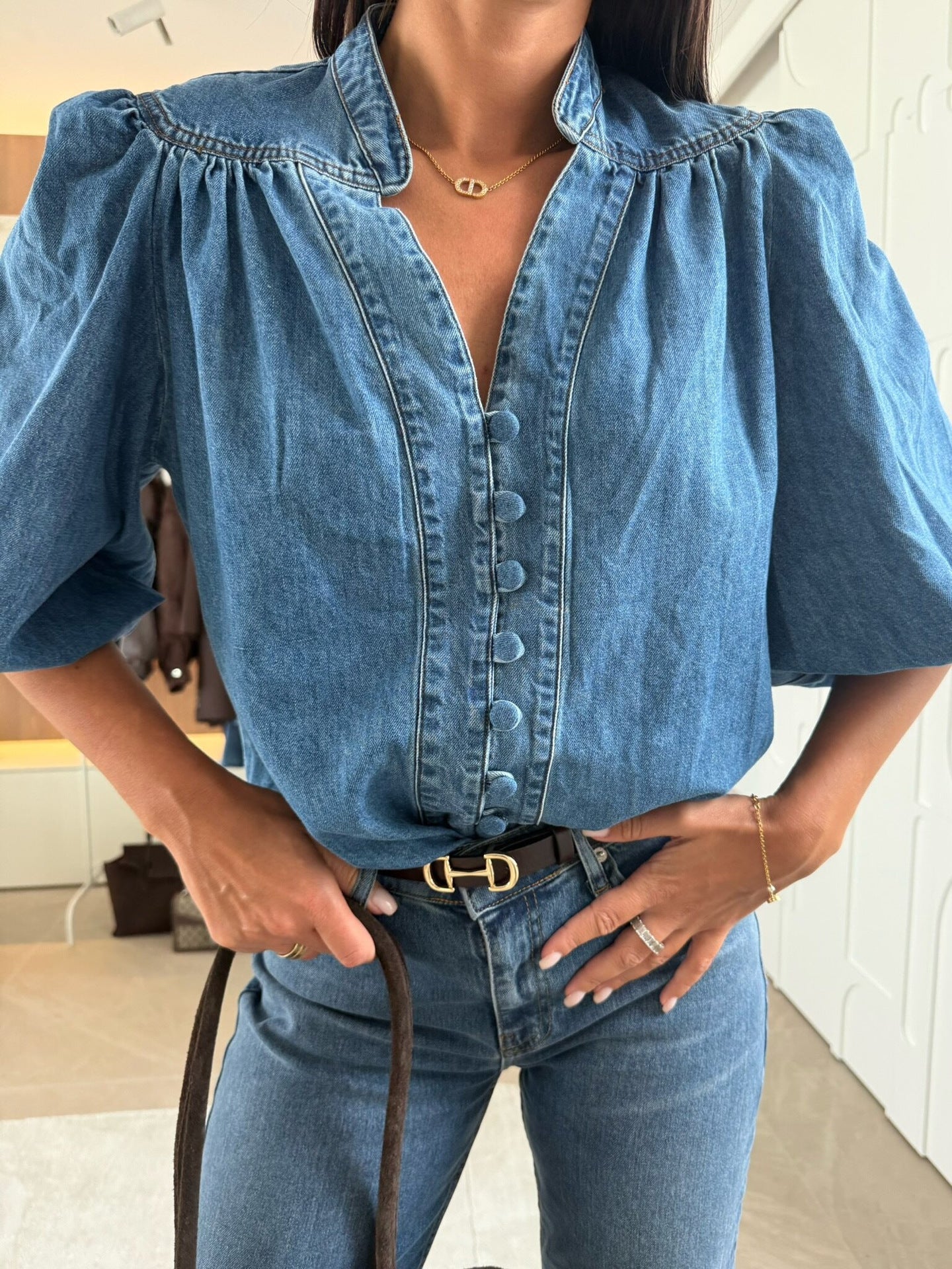 Women Spring/Autumn Casual Lantern Sleeve V-Neck Denim Shirt 7