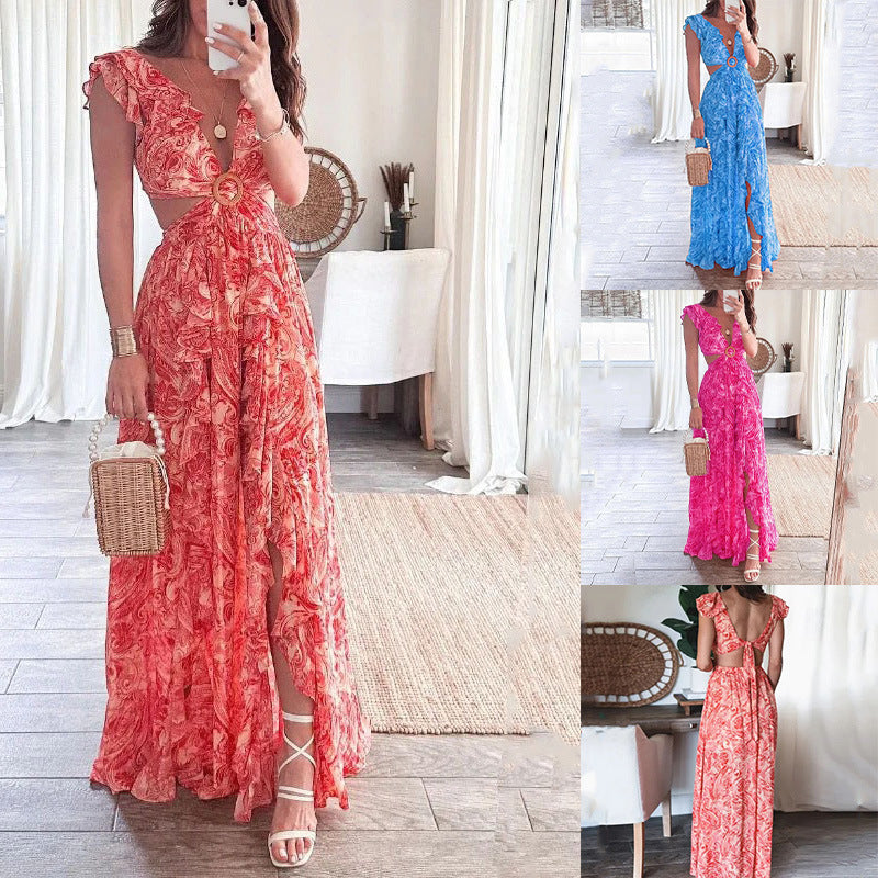 Women's Fashion Sexy V-Neck Printed Slit Long Dress 9