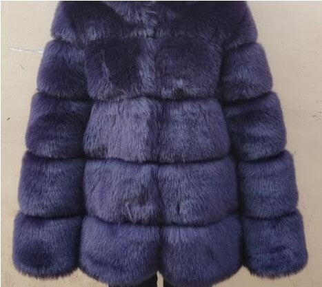 Women Faux Fox Fur With Hood Long Sleeve Jacket 12