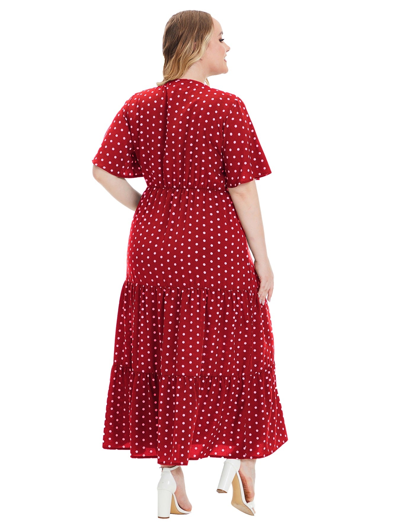 Plus Size Women Summer V Neck Polka Dot Short Sleeve Dress 17