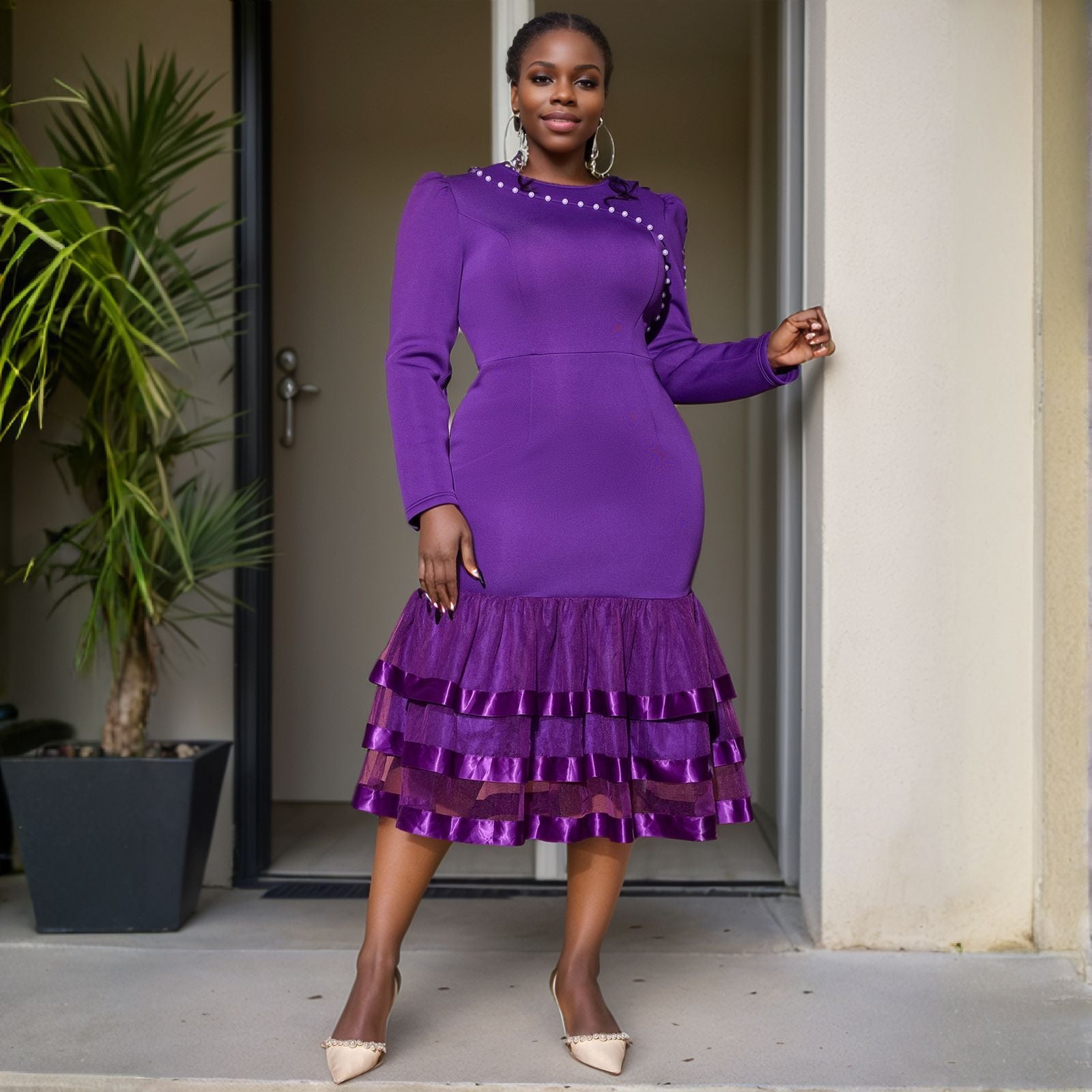 Women beaded Formal Party long sleeve Dress