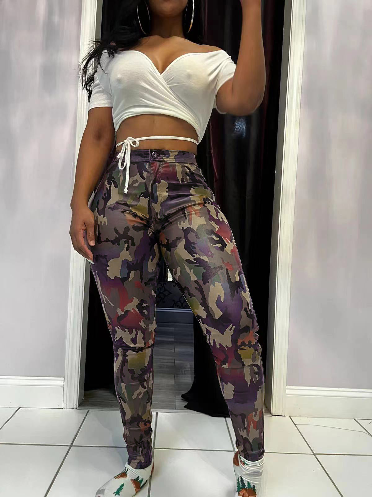 Spring Sexy Women's Clothing Tight Fitting Camo Trendy Pants