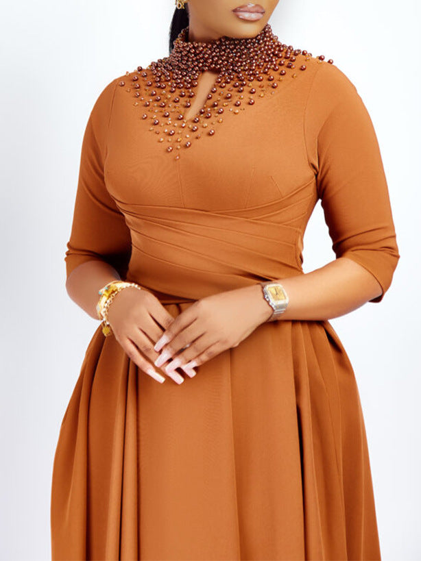 Women High Neck Elegant Beading African Dress 5