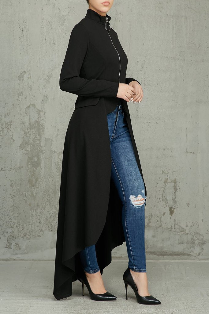 Spring Long-Sleeved High-Neck Slim Zipper Irregular Long Dress 37