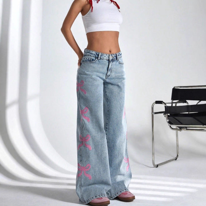 Women casual printed washed butterfly denim pants 3