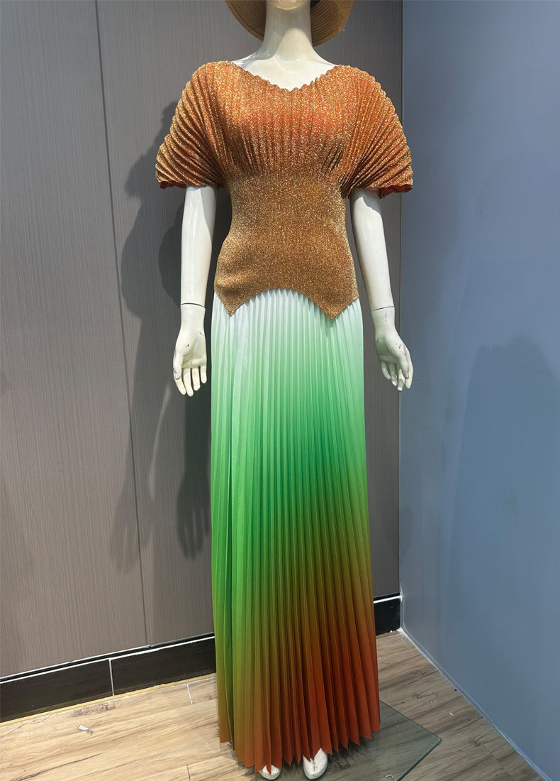 Women pleated v-neck sexy Shiny Top and gradient elegant Skirt two-piece set 8