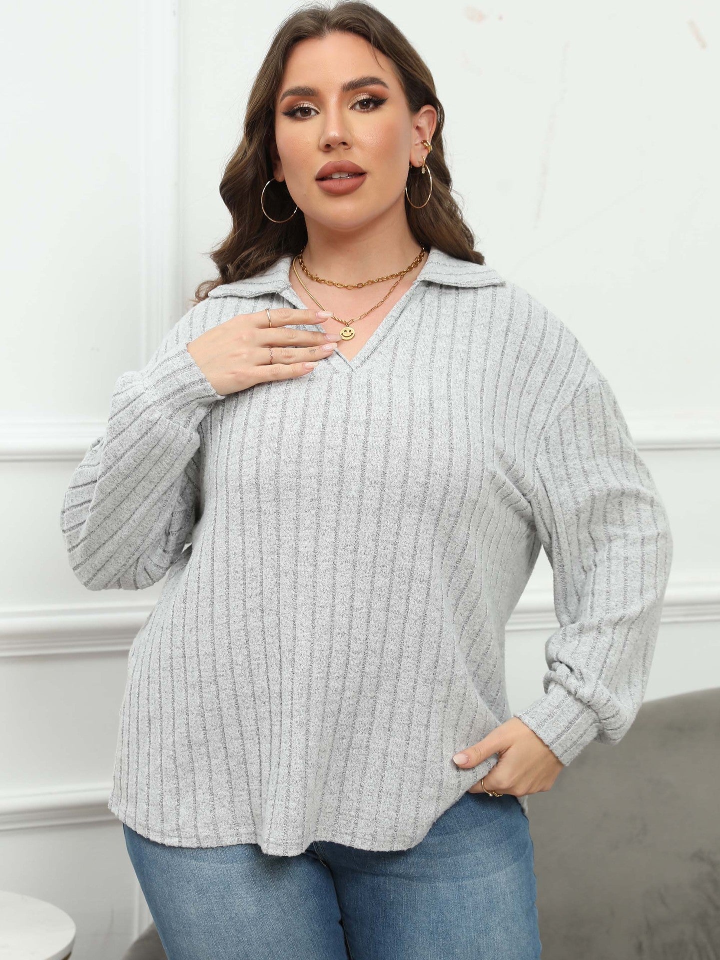 Women's Tops Plus Size Women's Turndown Collar Knitting Shirt Ribbed Basic Casual T-Shirt 8