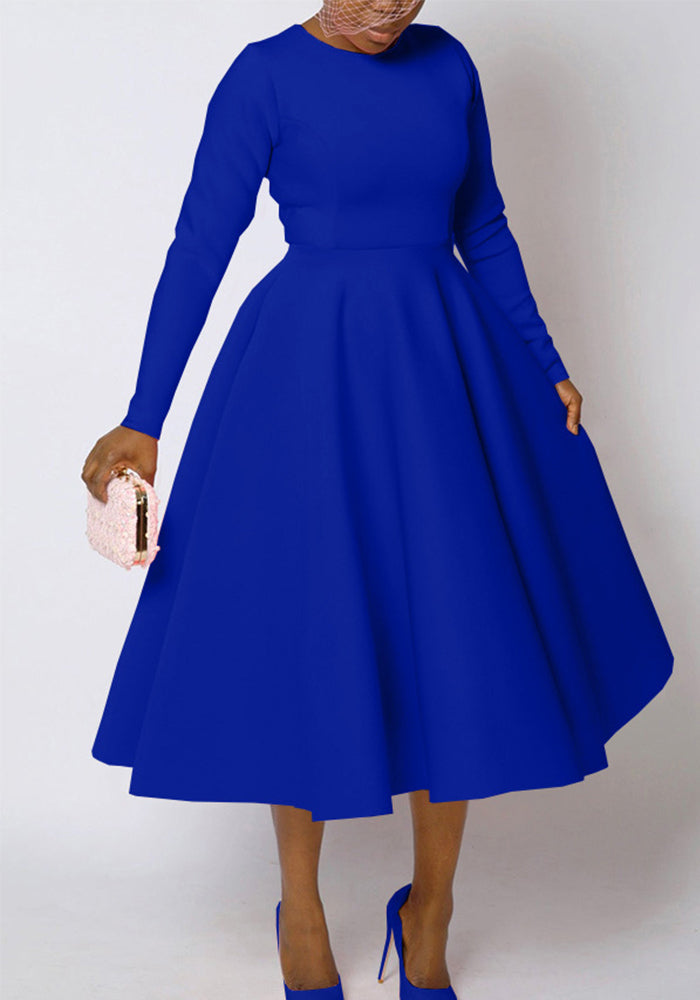 Women's Solid Round Neck Long Sleeve A-Line Dress
