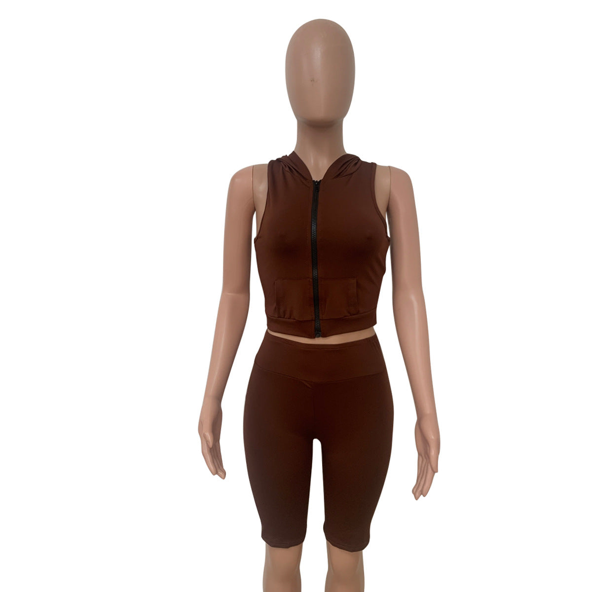 Summer Women's Hooded Pocket Sleeveless Zip Top Shorts Two-Piece Set 10