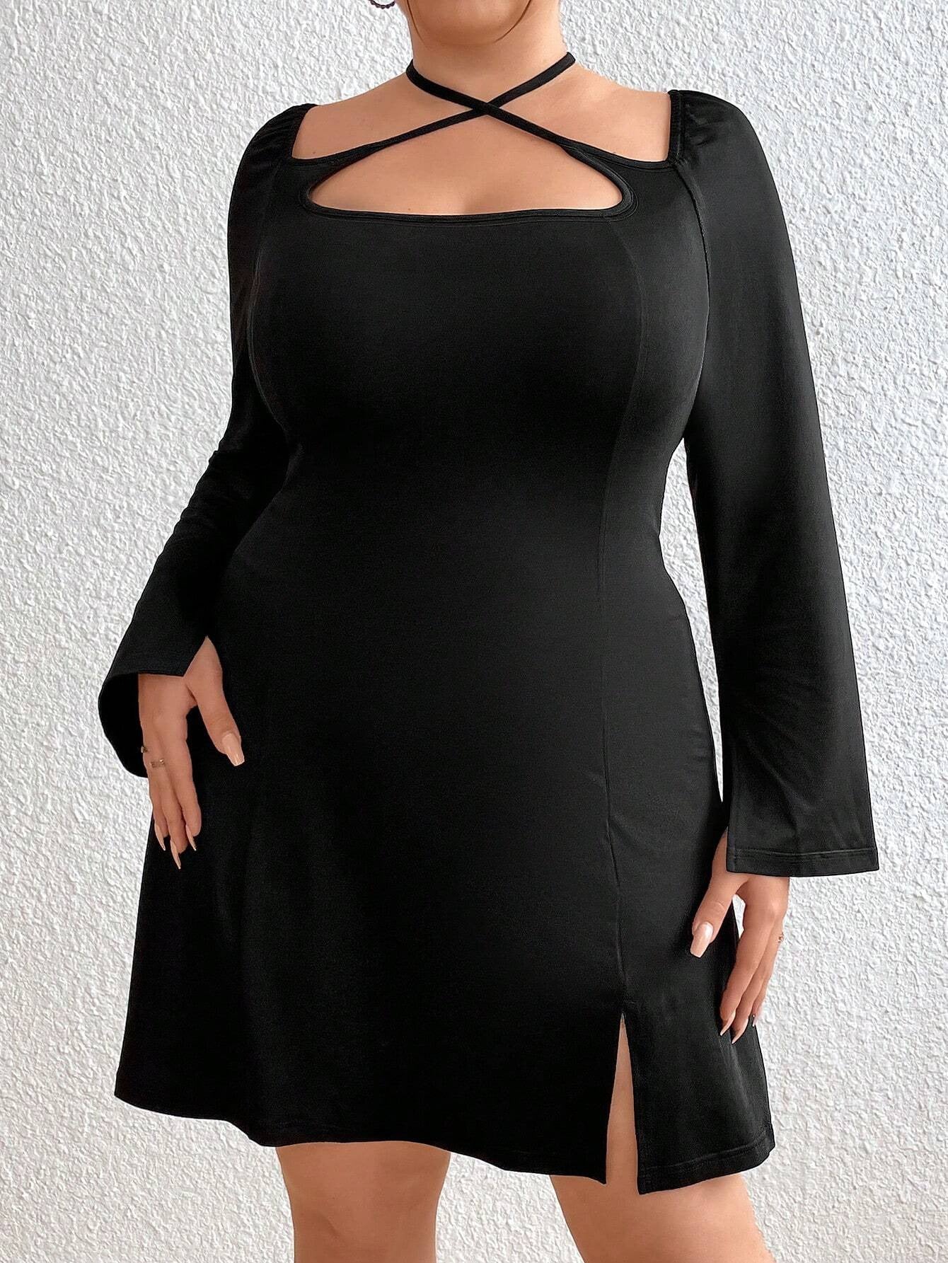 Plus Size Women's Autumn And Winter Slim Fit Slit Long Sleeve Sexy Mini Bodycon Dress 3