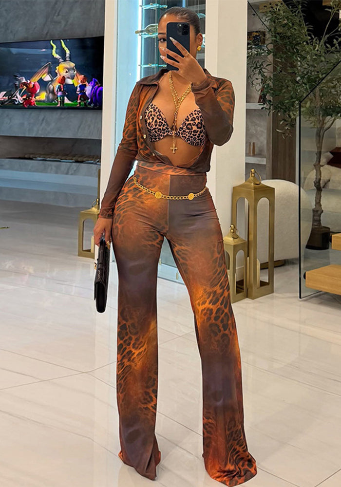 Women Autumn/Winter Leopard Print Mesh Turndown Collar Button Top and Bell Bottom Two-Piece Set