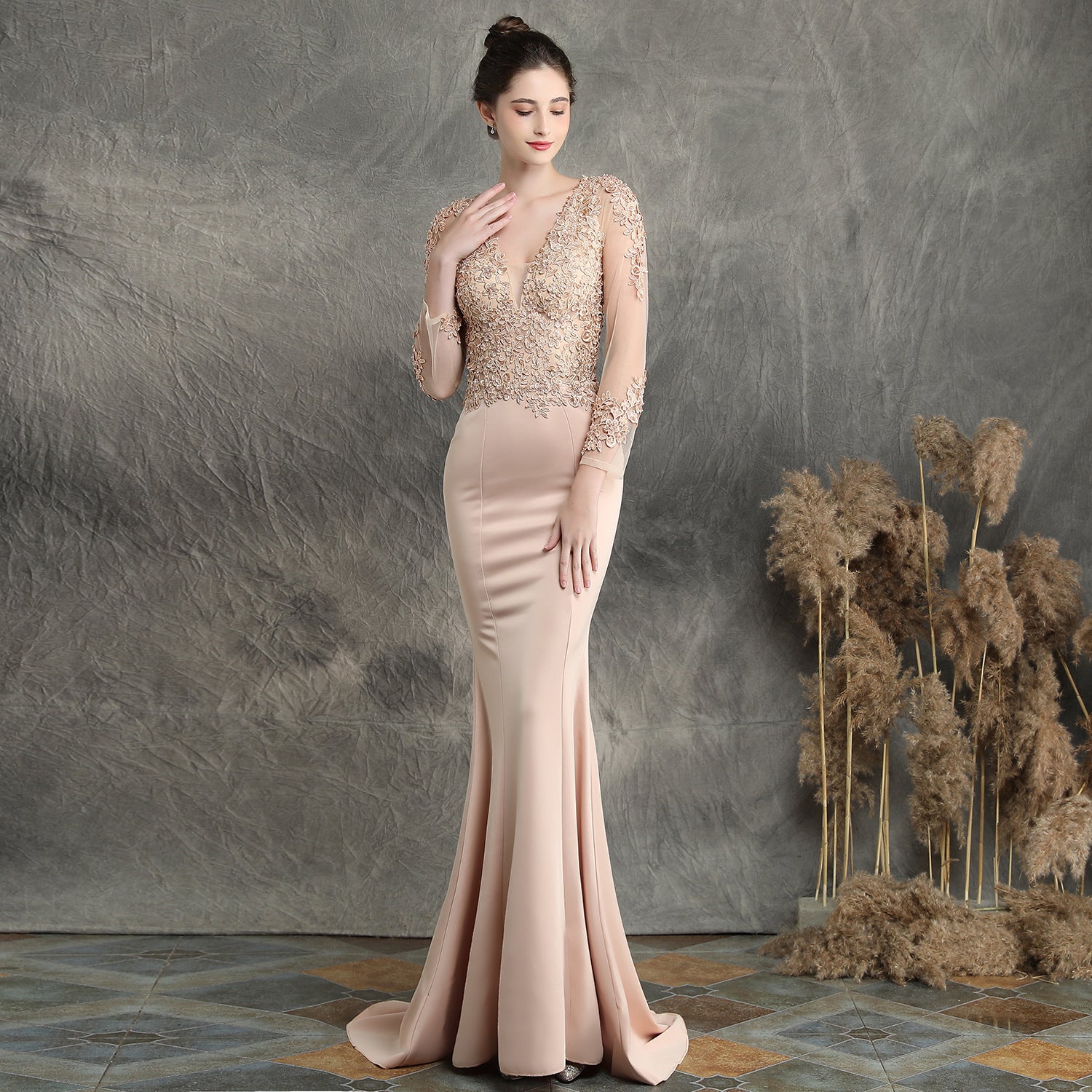 Women Beaded Long Sleeve Fishtail Evening Dress 14