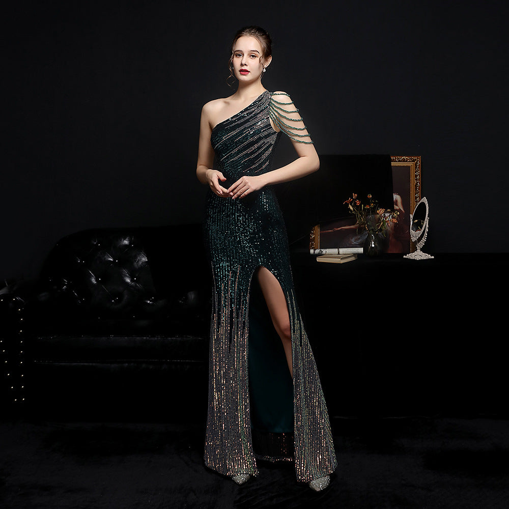 Plus Size Women Elegant Sequin One Shoulder Slit Evening Dress 9