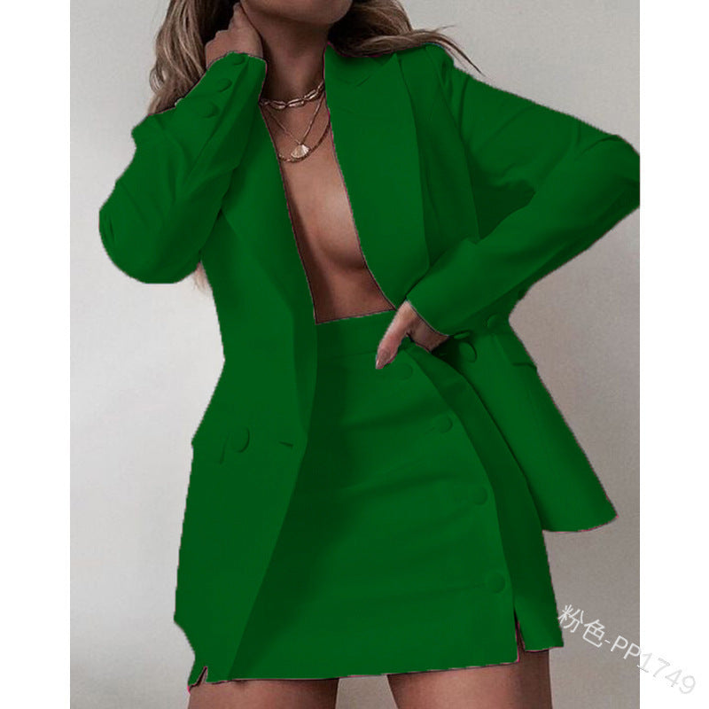Solid Color Suit Blazer Coat Skirt Two Piece 12