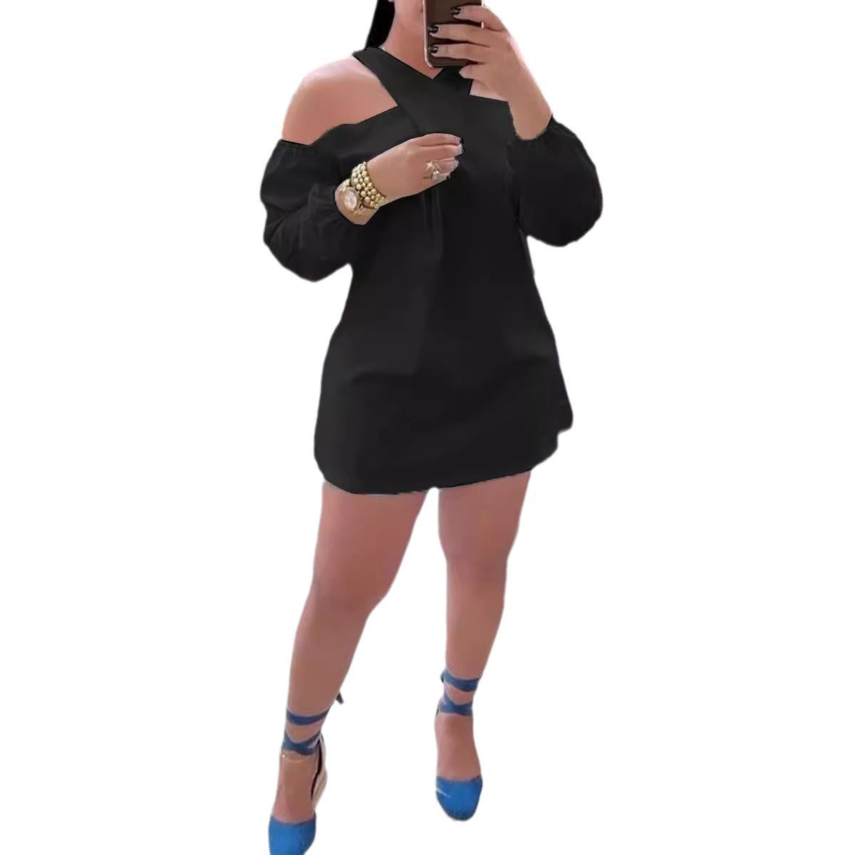 Women Solid Hollow Shoulder Crossover Dress 10