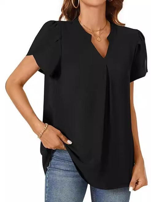 Women summer v-neck petal sleeve shirt