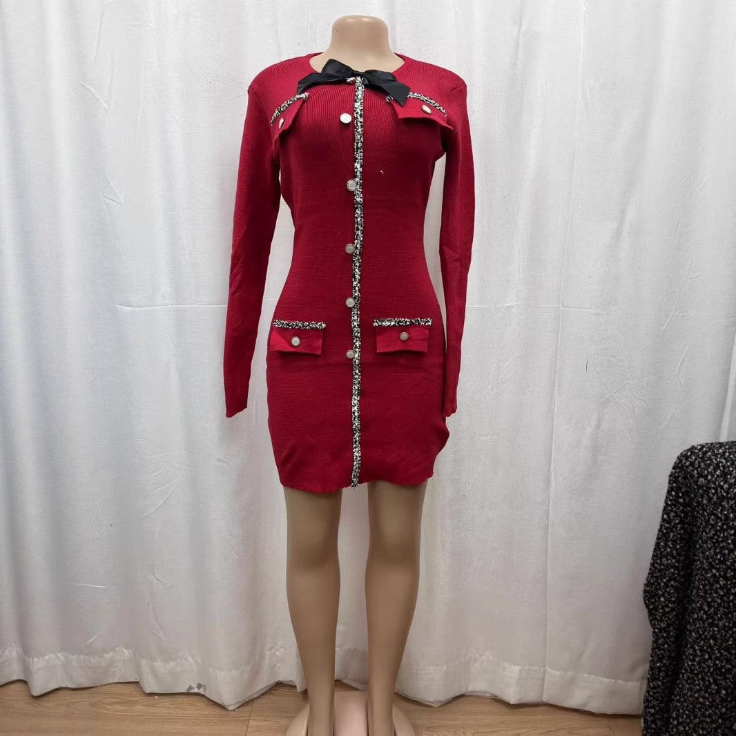 Women diamond bow knitting dress 3