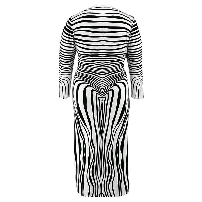 Plus Size Women's Irregular Striped Long Sleeve Dress 7