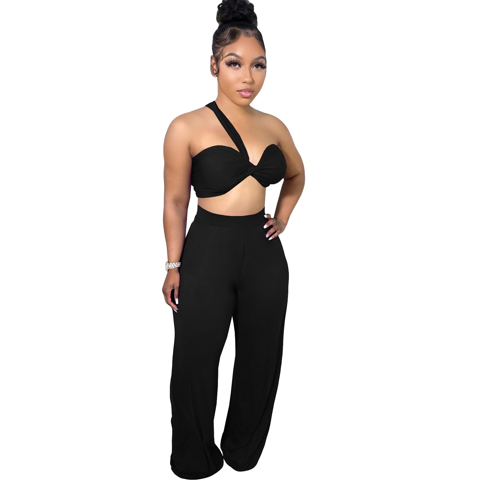 Women Sexy Halter Neck Top+ Wide Leg Pants Two-Piece 4