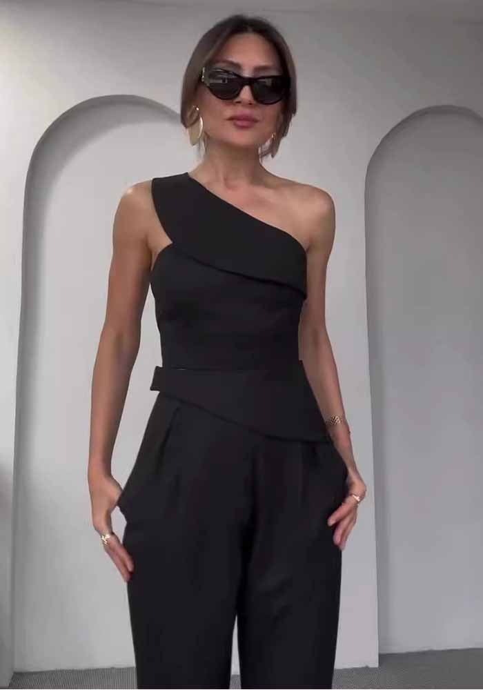 Summer Slash Shoulder Halter Neck Slim Top High Waist Straight Pants Set