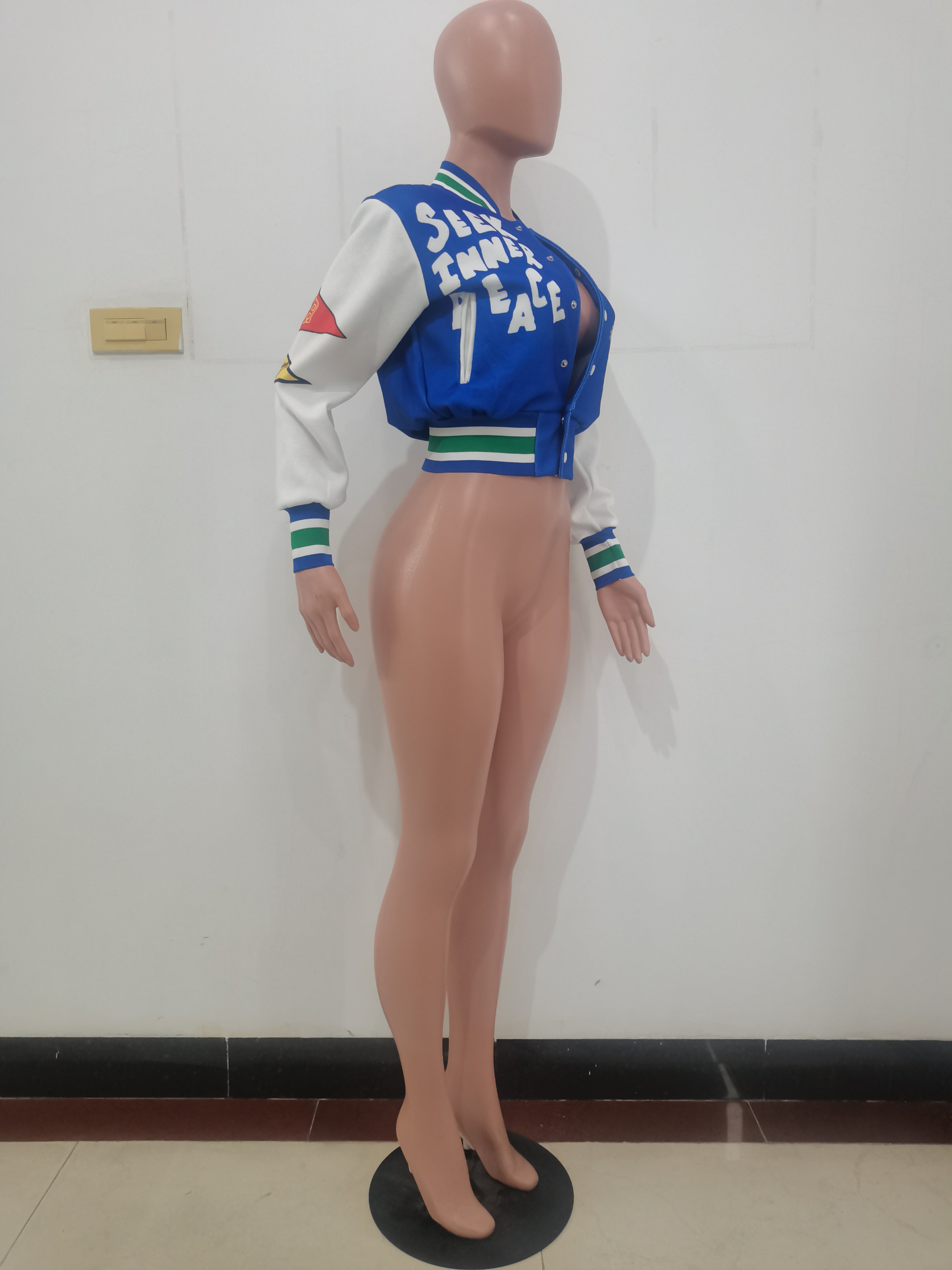 Positioning Print Ribbed Fashion Women's Top Baseball Jacket 23