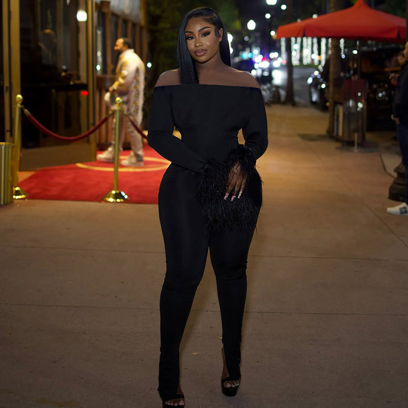 Women's Autumn Winter Solid Color Off-Shoulder Furry Long Sleeve Slit Leg Sim Tight Jumpsuit 8