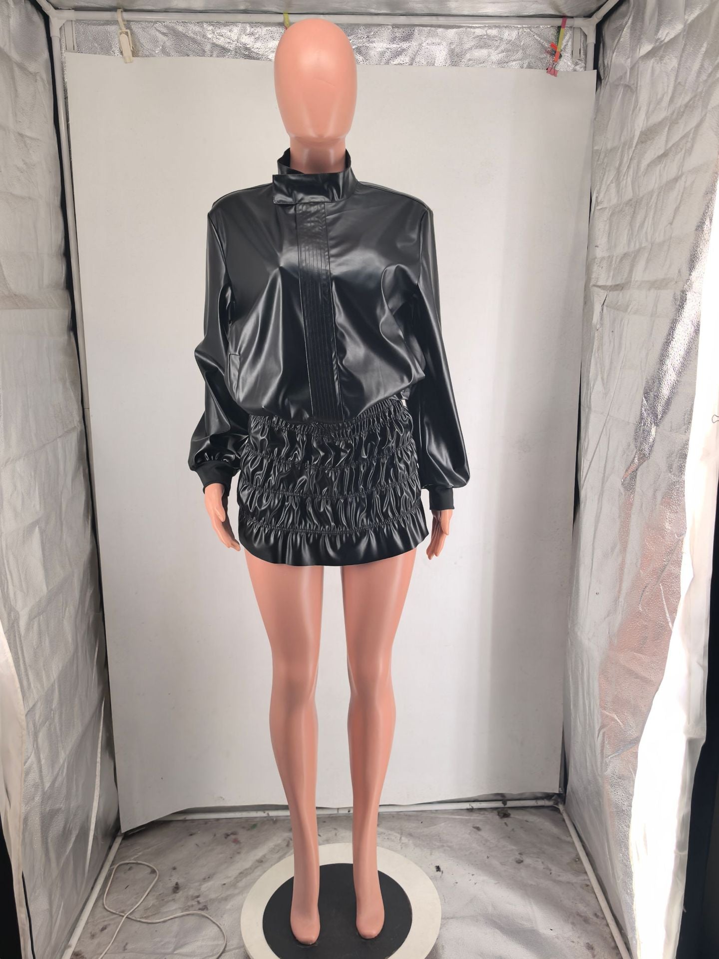 Women autumn and winter solid long sleeve Pu Leather casual stand collar skirt two-piece suit 9