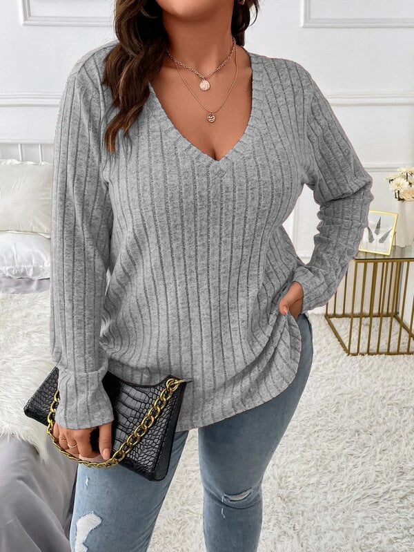 Women's Autumn Winter Solid Color Ribbed V-Neck Plus Size Pullover Top 19