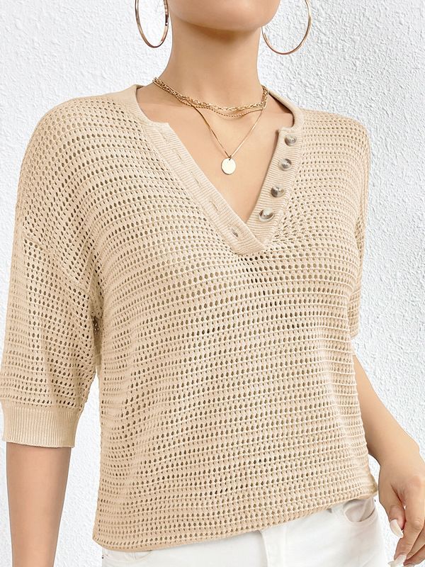 Women Casual V-neck Hollow Knitting Short Sleeve Top