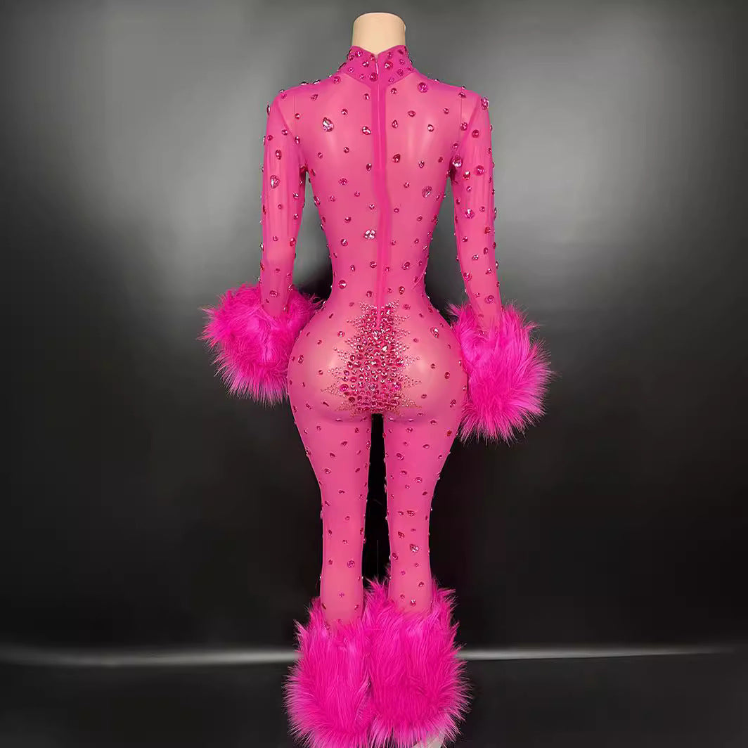 Women Sexy Style Fluffy Mesh See-Through Jumpsuit 12