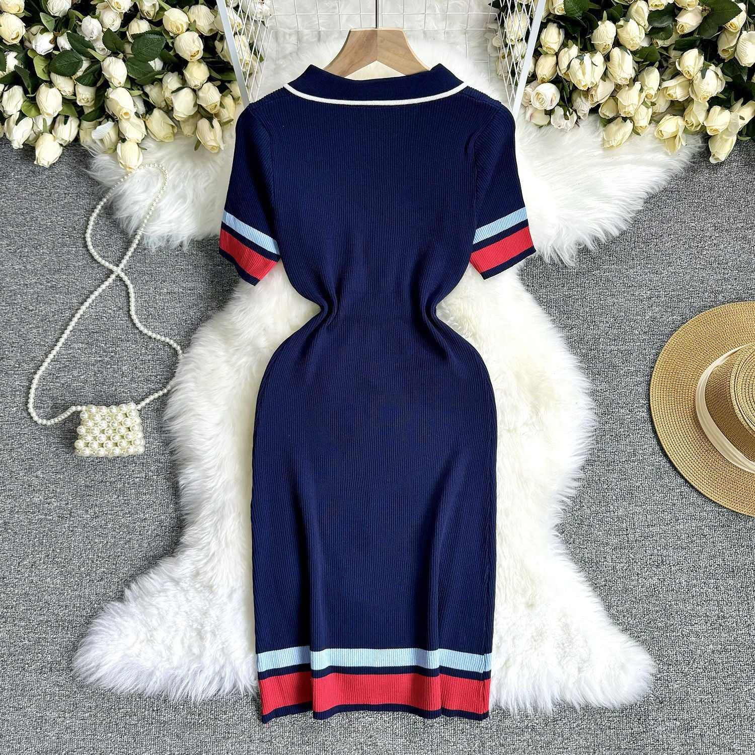 Women Summer Casual Polo Neck Colorblock Short Sleeve Knitting Dress