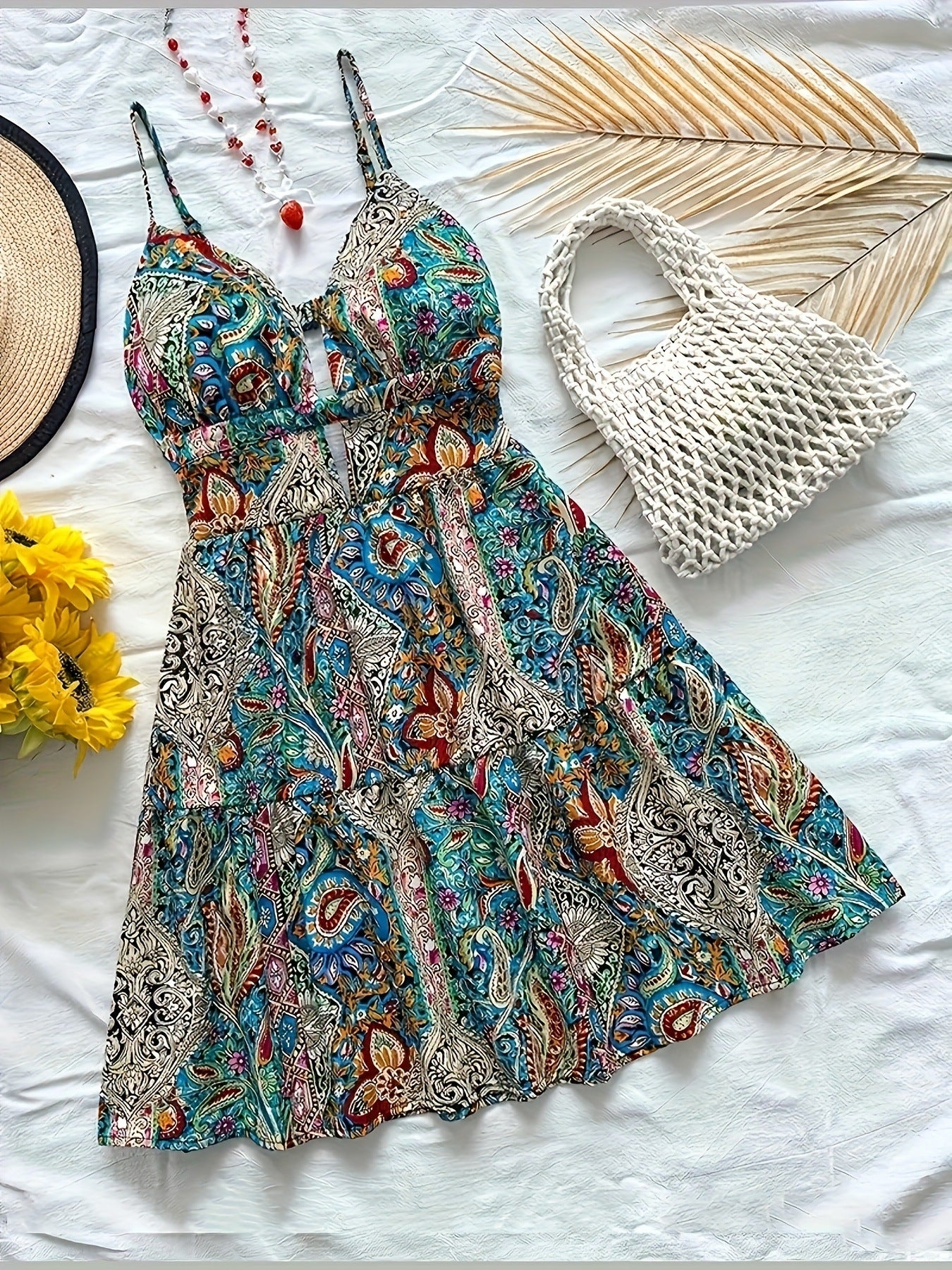 Women flower print hollow suspender V-neck backless sexy holidays beach dress 9