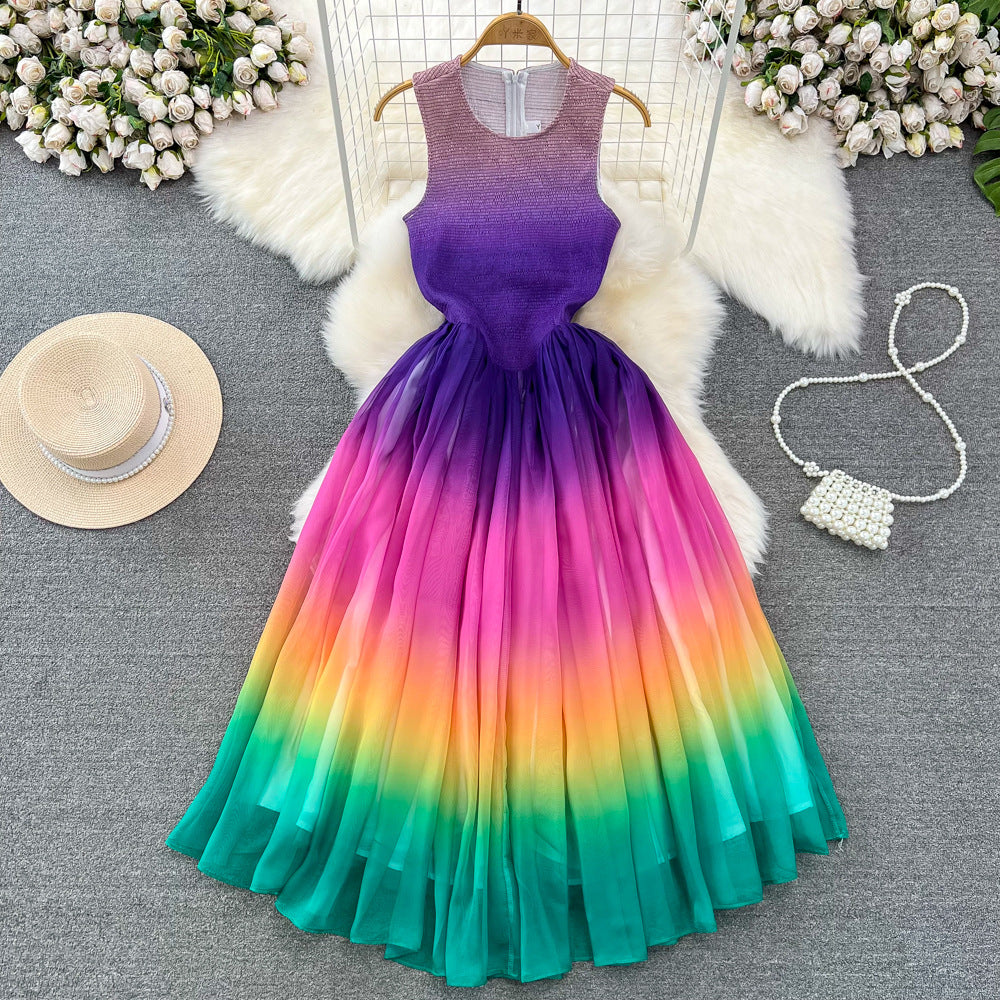 Fashion Chic Sleeveless Round Neck Slim Waist A-Line Rainbow Gradient Chiffon Elegant Long Dress