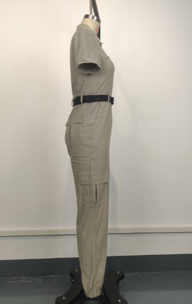 Women's Fashion Zipper Cargo Jumpsuit Short-Sleeved Turndown Collar Pocket Belt Jumpsuit 8