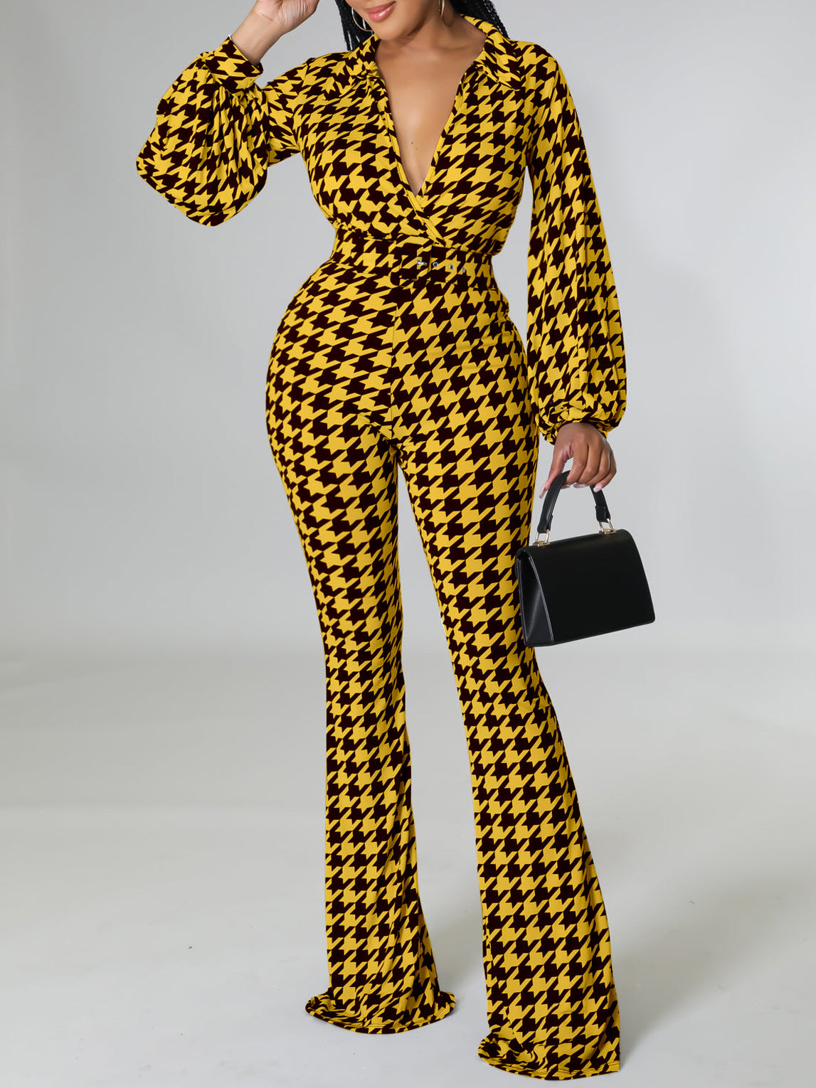 Women's Autumn and Winter V-neck Puff Sleeve Slim Waist Printed Wide Leg Plus Size African Jumpsuit 5