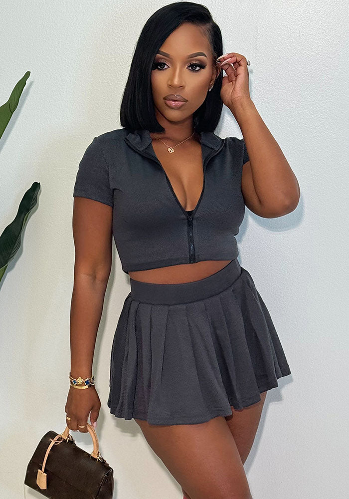 Women Summer Rib Knit Zipper Soild Turndown Collar Top and Pleated Skirt Two Piece Set