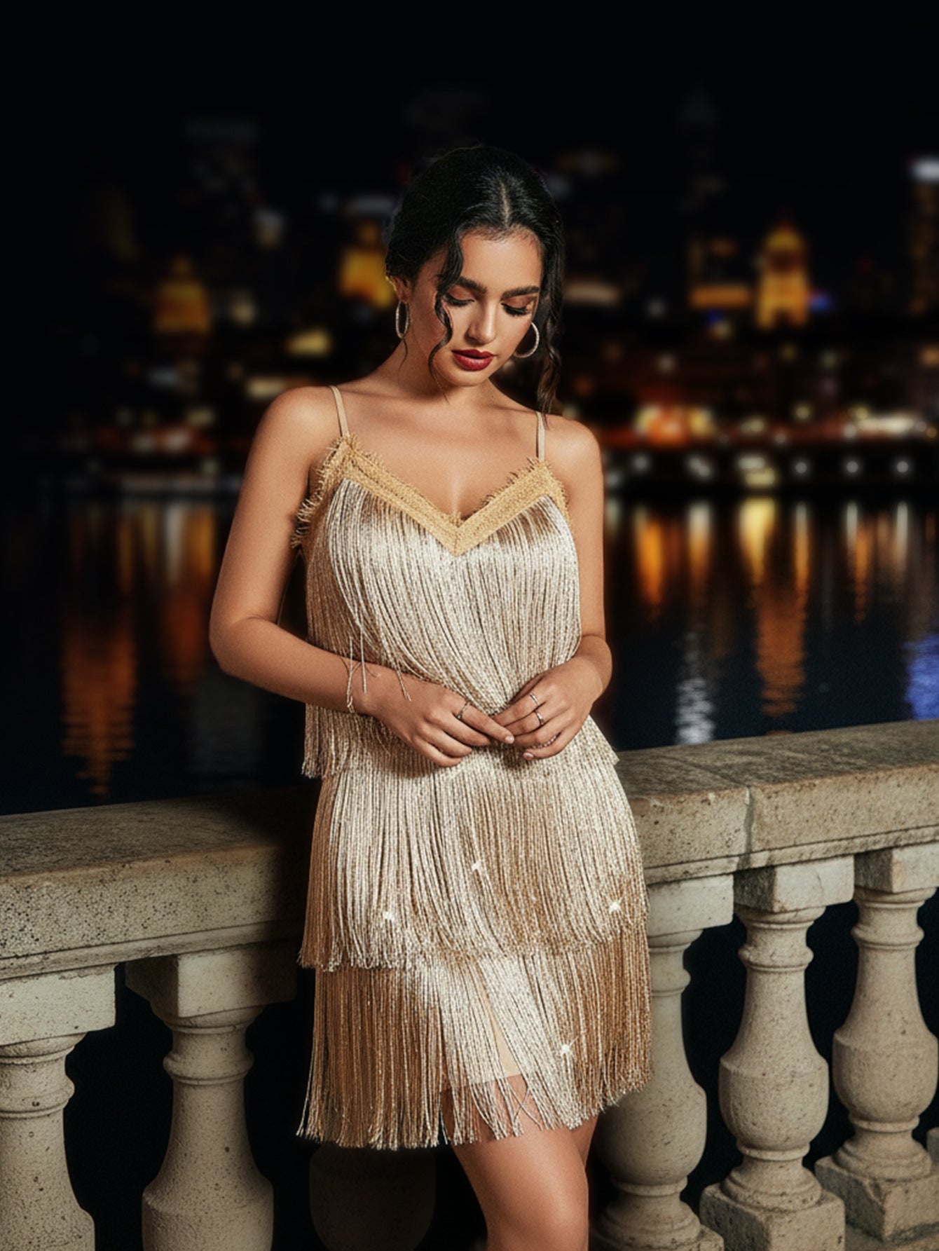 Solid Color V-Neck Halter Fringe Low Back Cocktail Dress Party Short Dress 5