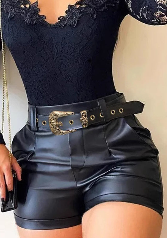 Women Pu Leather Belt Solid Shorts