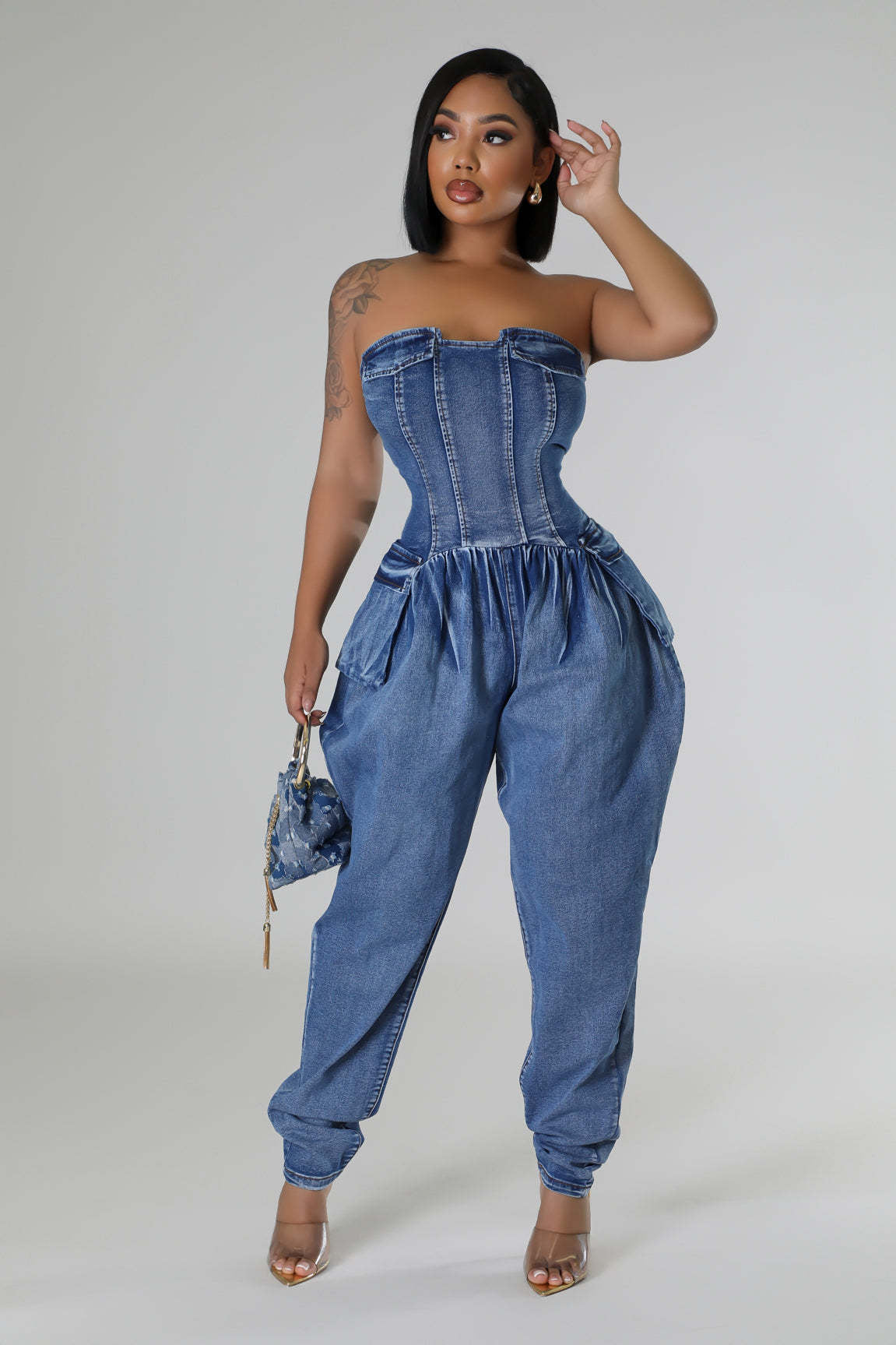 Women Strapless Stretch Denim Jumpsuit 3