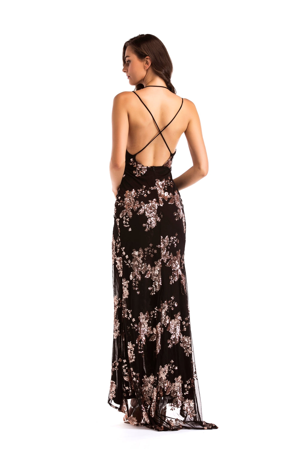 Sequins Floral Straps Slit Evening Dress 3