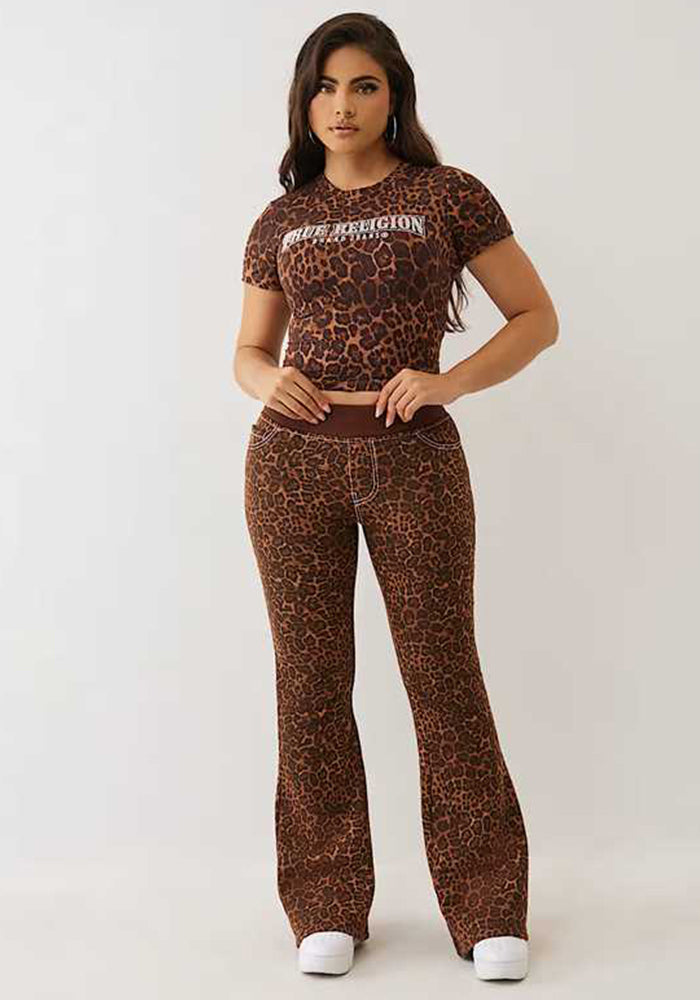 Women Leopard Print Casual Short-Sleeved Top and Bell Bottom Pant Two-Piece Set