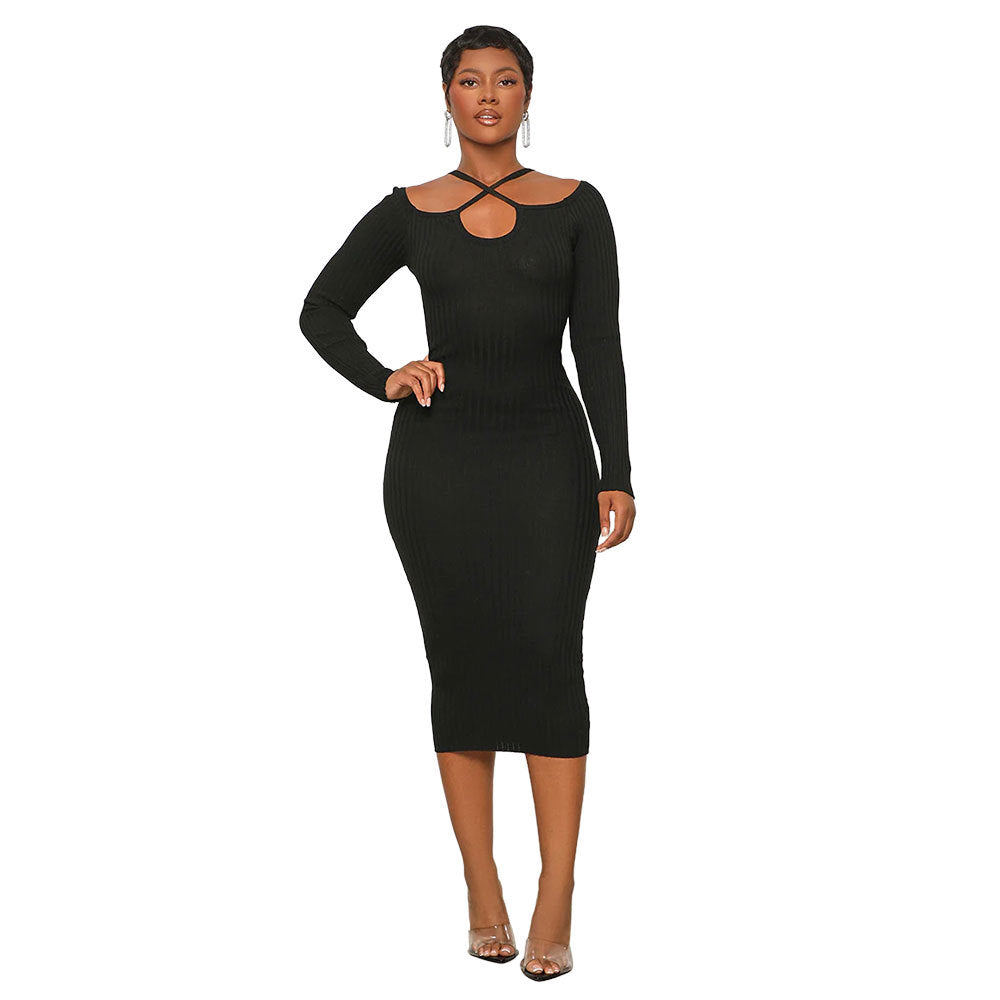 Autumn And Winter Long-Sleeved Chic Slim Sexy Halter Neck Knitting Bodycon Women's Dress