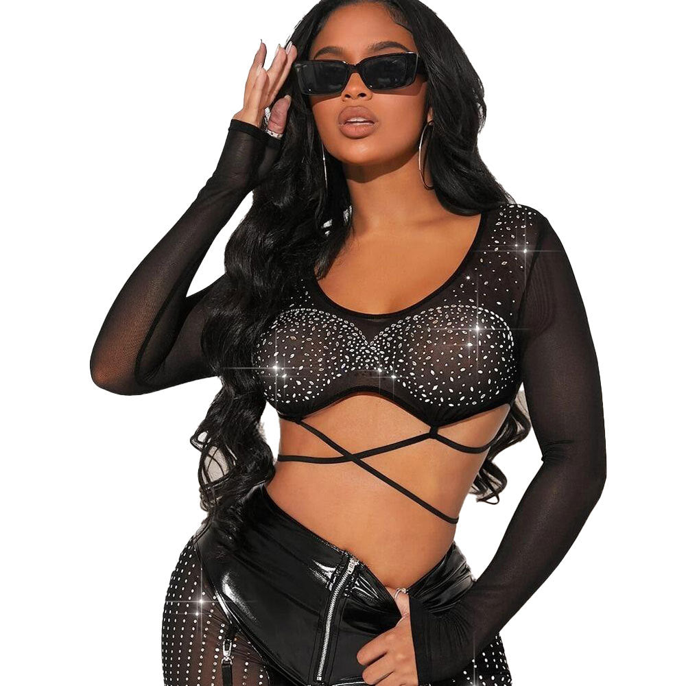 Women Sexy Patchwork Beaded Lace-Up Long Sleeve Crop Top and Shorts Two-piece Set 7