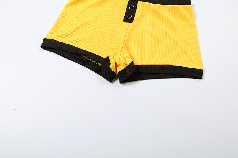 Summer Women's Short-Sleeve Turndown Collar Top with Bodycon Shorts Set 38