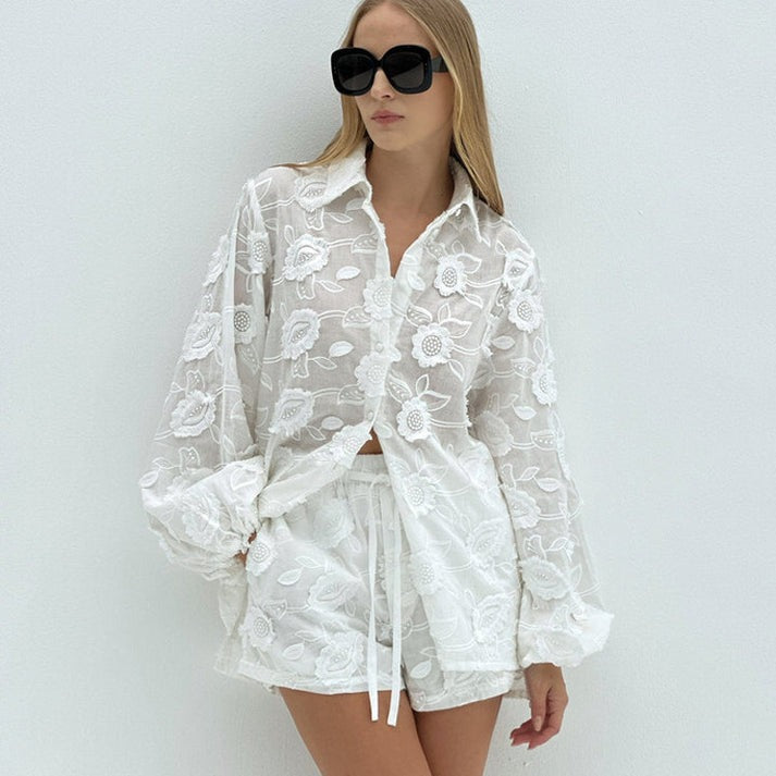 Women's Fashion Sexy White Lace Embroidery See-Through Shirt High Waist Shorts Two Piece Set