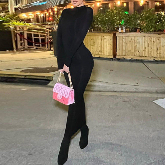 Women autumn solid round neck long-sleeved evening maxi dress 4