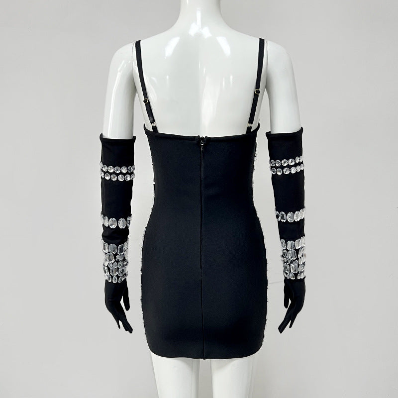 Women's Black Spiked Sleeves Straps Sleeveless Rhinestone Dress Women's Clothing 11