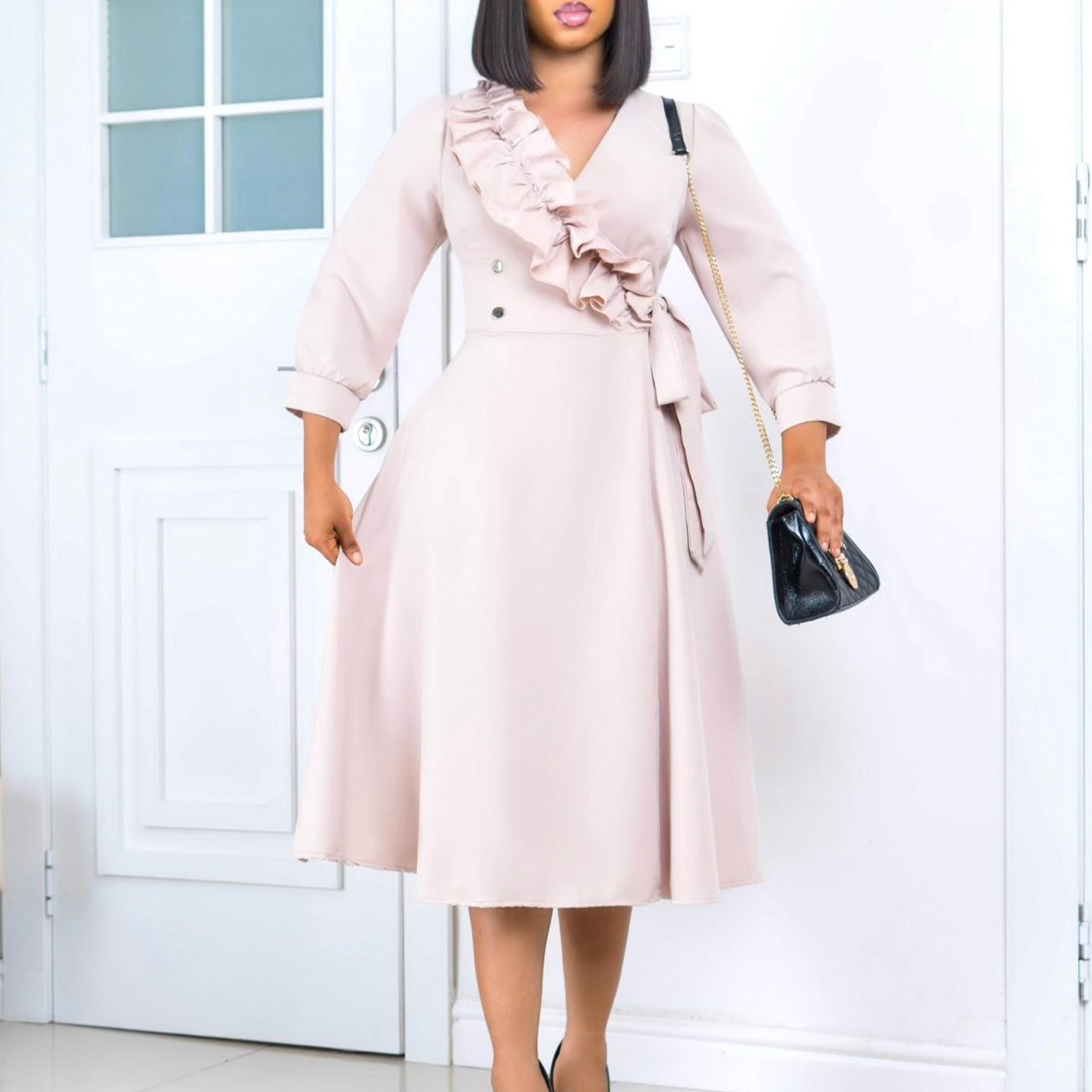 Women's Fashion Chic Solid Color V-Neck Pleated High Waist Swing Dress