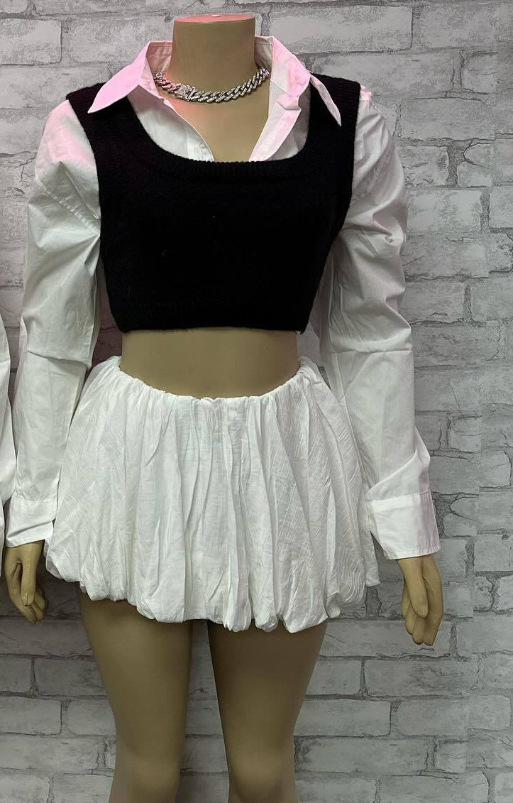 Fashionable American women's autumn Casual shirt bubble skirt two piece set